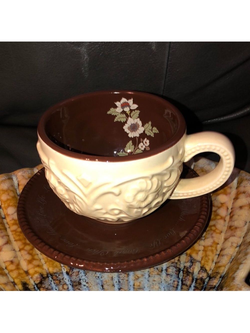 Live Laugh Love Cup & Saucer in Chocolate Brown and Ivory